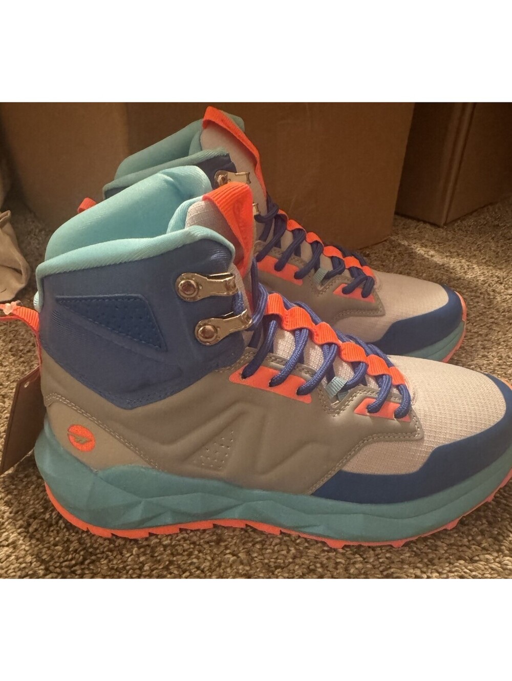 Hi-Tec Geo Sand Trail Mid Kids 5.5 Hiking Boots Grey Blue Coral NIB Gorpcore